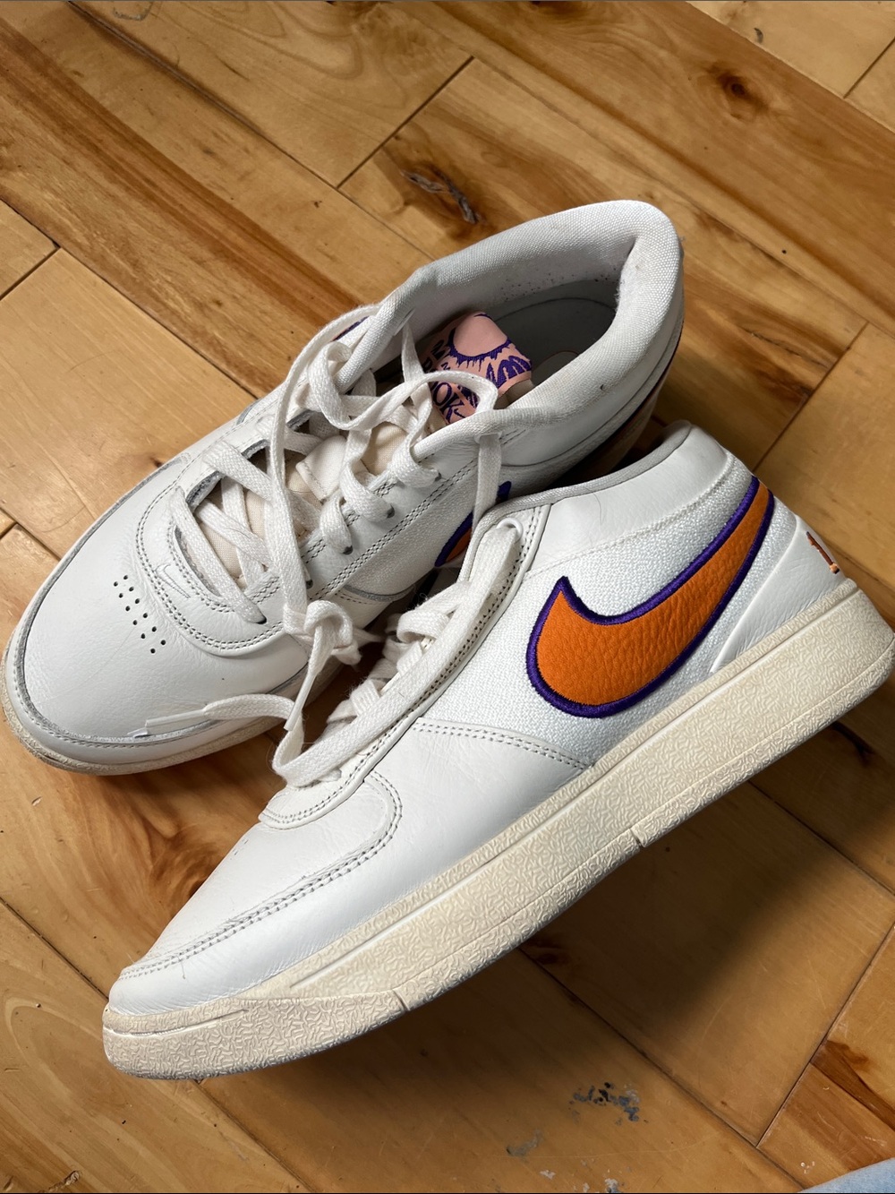 Nike Men’s Book 1 9.5 White Sneakers with Orange and Purple Swoosh